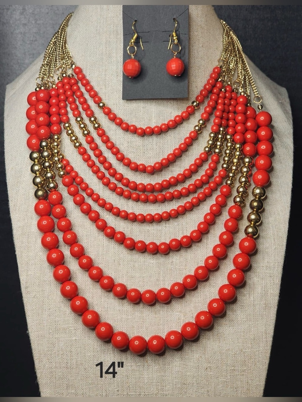 202. Gold & Coral Multi-Strand Bead Necklace